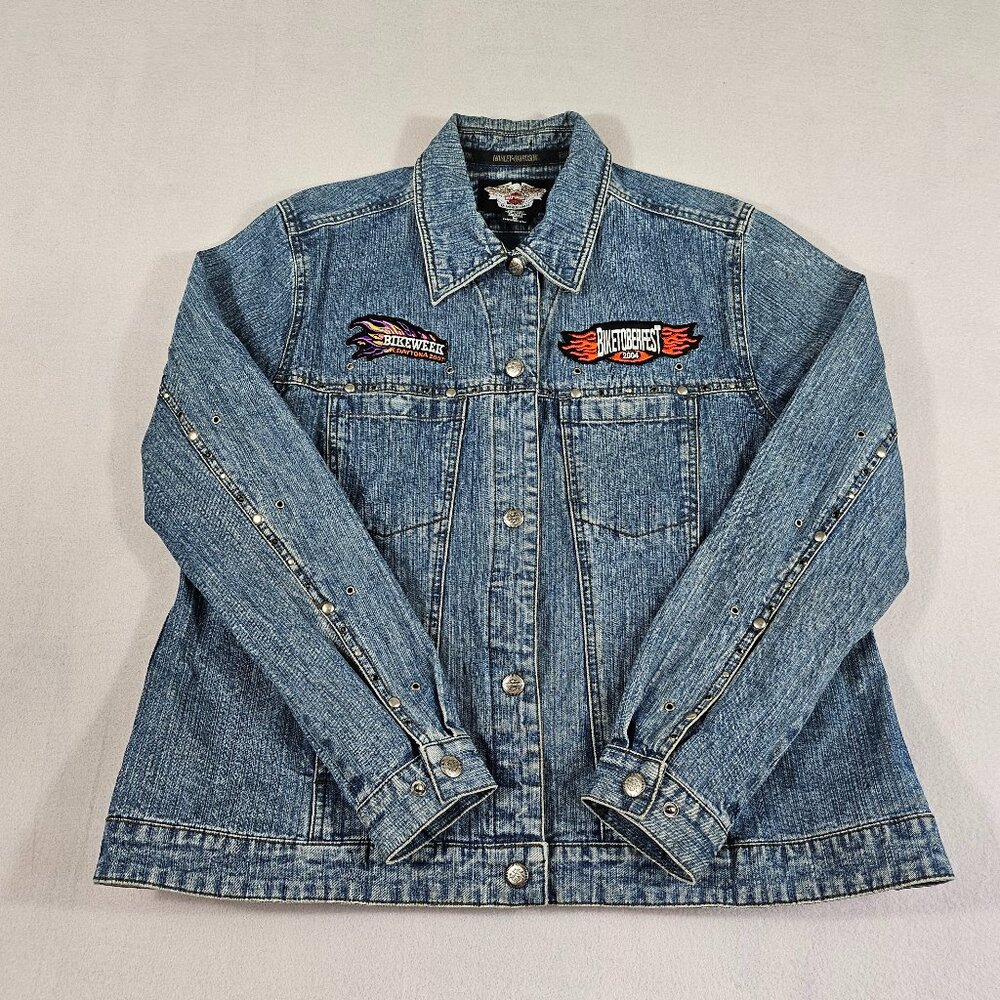 Harley Davidson Jacket Womens 1W Blue Denim Embroidered Logo Patches Biker